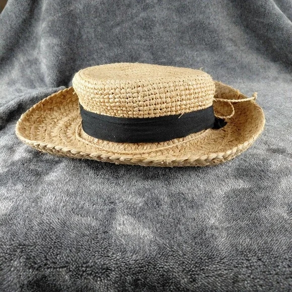 San Diego Hat Co Womens Raffia Straw Boater Hat Natural Tan Black Ribbon Band - Picture 4 of 7
